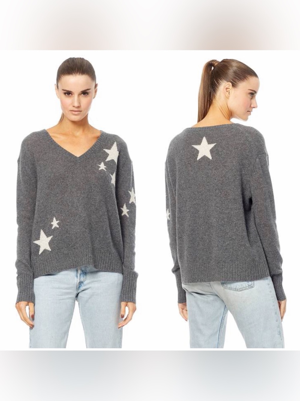 360 Cashmere V-neck Sweater Jayla Charcoal Gray Star 100% Cashmere Sz XS
